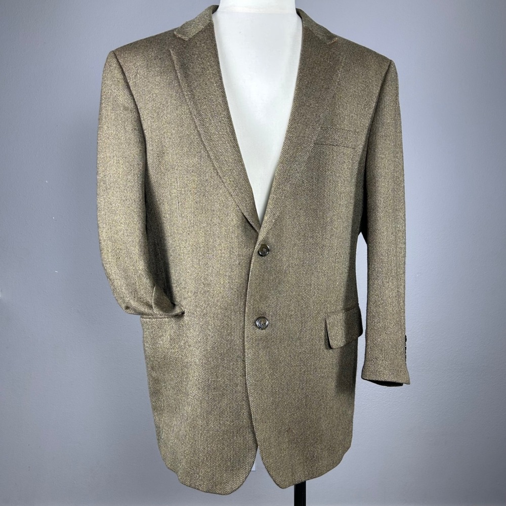 Jos.‎ A. Bank Mens 44R Wool Blazer Brown Beige Herringbone Sport Coat 2 Button
